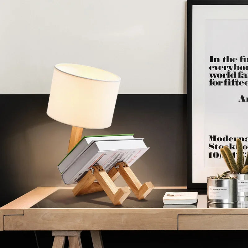 Creative Wooden Robot Desk Lamp – Adjustable Bedside Light with Fabric Shade