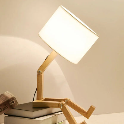 Creative Wooden Robot Desk Lamp – Adjustable Bedside Light with Fabric Shade