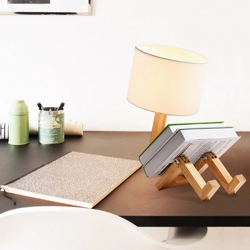 Creative Wooden Robot Desk Lamp – Adjustable Bedside Light with Fabric Shade