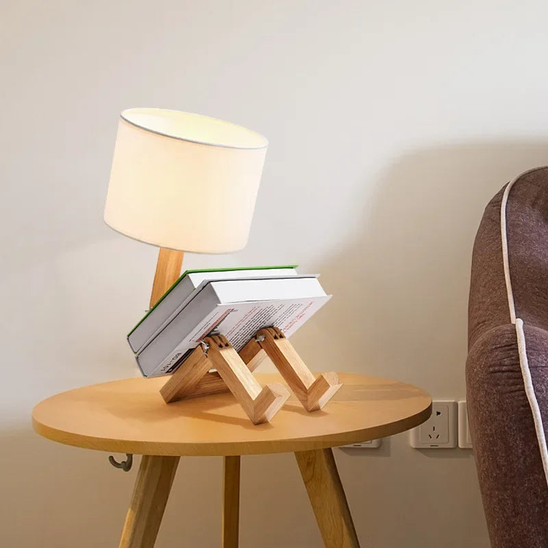 Creative Wooden Robot Desk Lamp – Adjustable Bedside Light with Fabric Shade