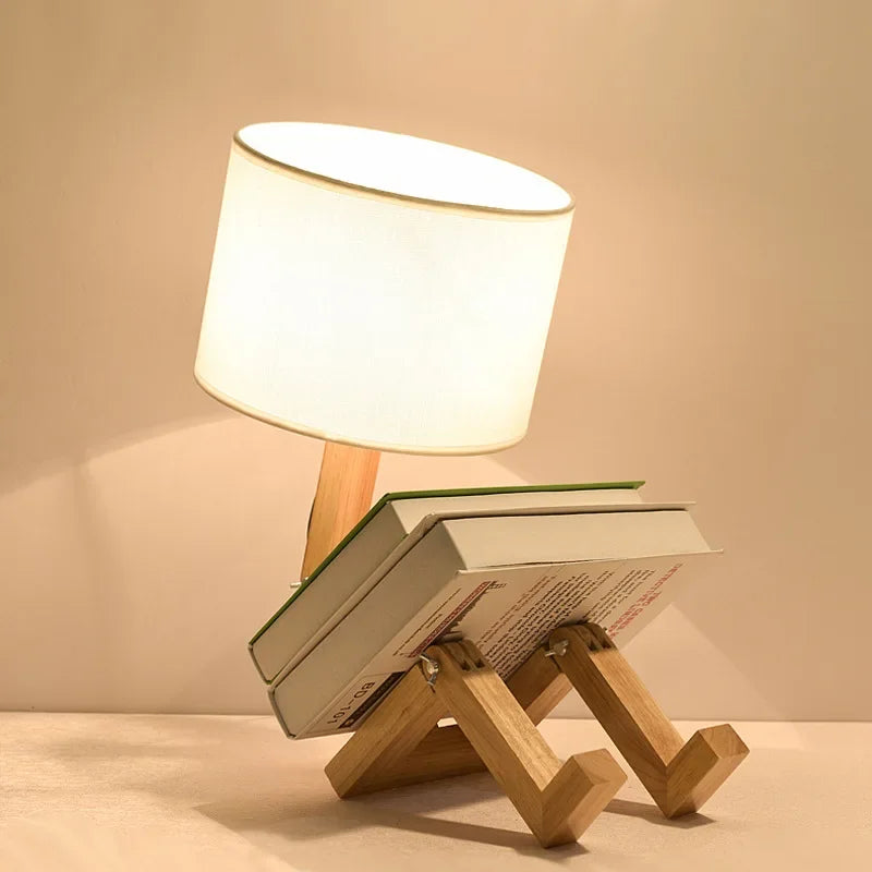 Creative Wooden Robot Desk Lamp – Adjustable Bedside Light with Fabric Shade
