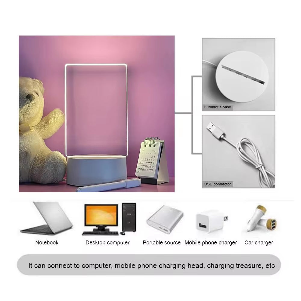 LED Acrylic Message Board Night Light – Writable USB Lamp with Erasable Memo Panel